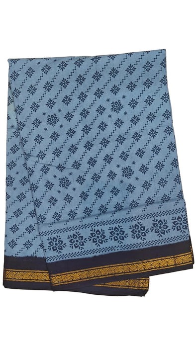 Rani Sungudi Cotton Sarees Double Side Zari Border Small Flower Print-Grey-DarkBlue
