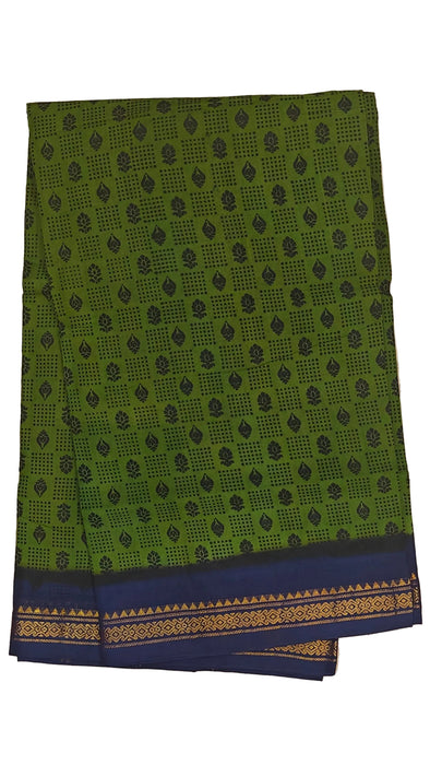 Rani Sungudi Cotton Sarees Double Side Zari Border Dot Flower - OliveGreen-Darkblue
