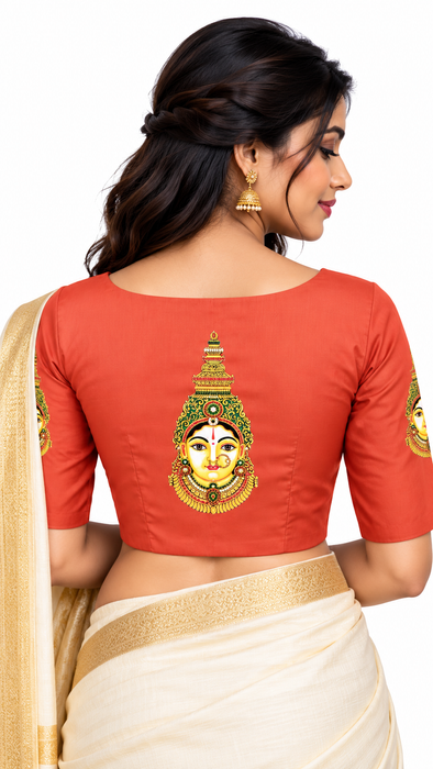 Coral Red Silk Cotton Readymade Blouse with Lakshmi Modif