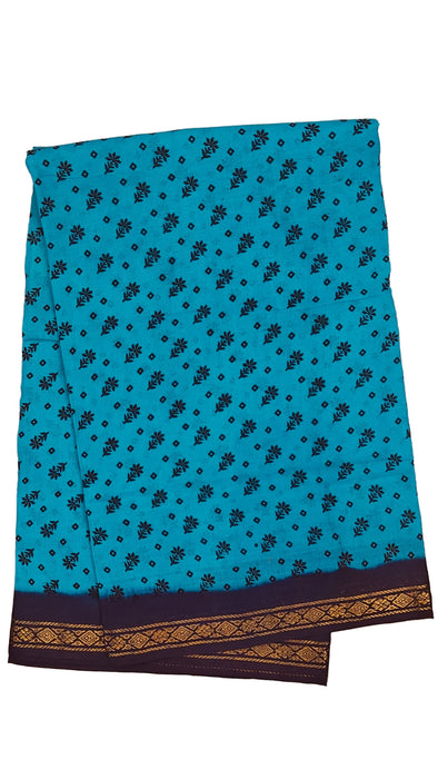 Rani Sungudi Cotton Sarees Double Side Zari Border Flower Print-SkyBlue-DarkBlue