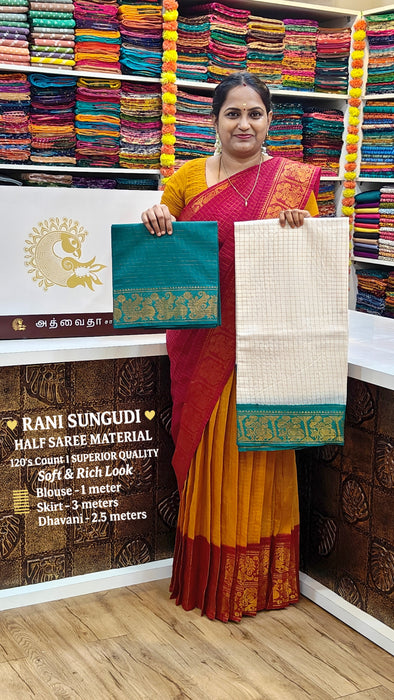 Rani Sungudi Half Saree Material Gold Zari- White-RamaGreen