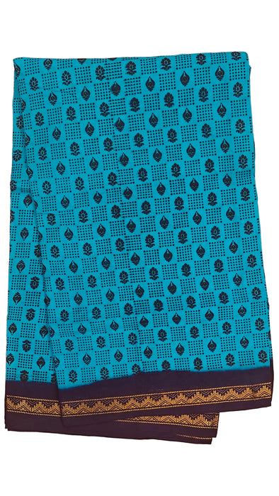 Rani Sungudi Cotton Sarees Double Side Zari Border Dot Flower - SkyBlue-DarkBlue