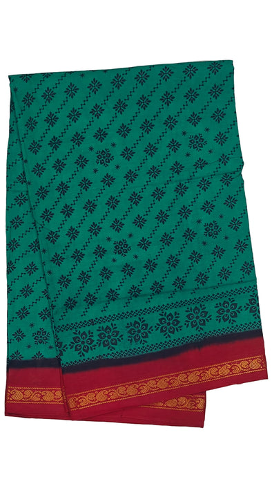 Rani Sungudi Cotton Sarees Double Side Zari Border Small Flower Print-Green-Red