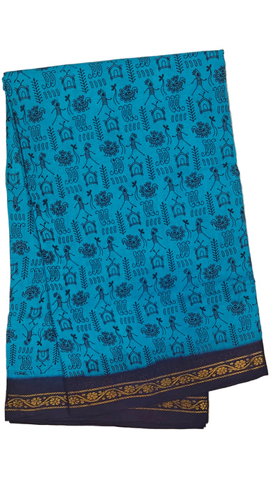 Rani Sungudi Cotton Sarees Double Side Zari Border WarliPrint - SkyBlue-Darkblue