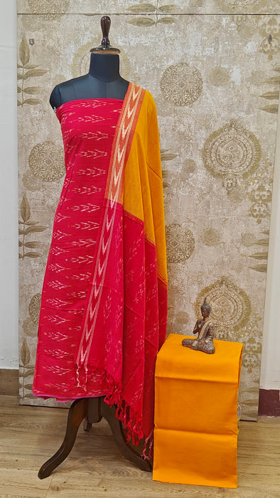 Ikkat Pochampally Pure Cotton Salwar Material -Red With Orange