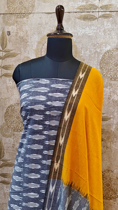 Ikkat Pochampally Pure Cotton Salwar Material -Gray With Yellow