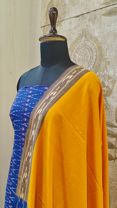Ikkat Pochampally Pure Cotton Salwar Material -DarkBlue With Yellow