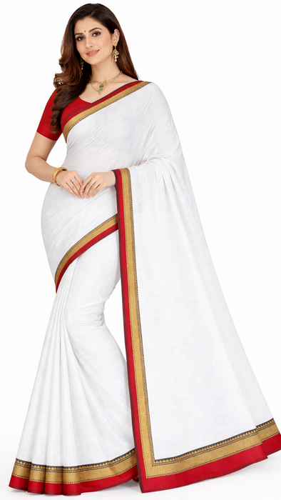 Narayanpet Cotton Saree - White With Red Thread Border