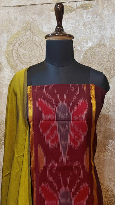 Ikkat Sico Silk Cotton Salwar Material - Maroon With OliveGreen