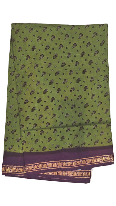 Rani Sungudi Cotton Sarees Double Side Zari Border Flower Print-OliveGreen-Purple