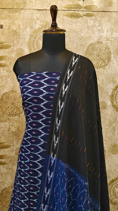 Ikkat Pochampally Pure Cotton Salwar Material - DarkBlue With Black