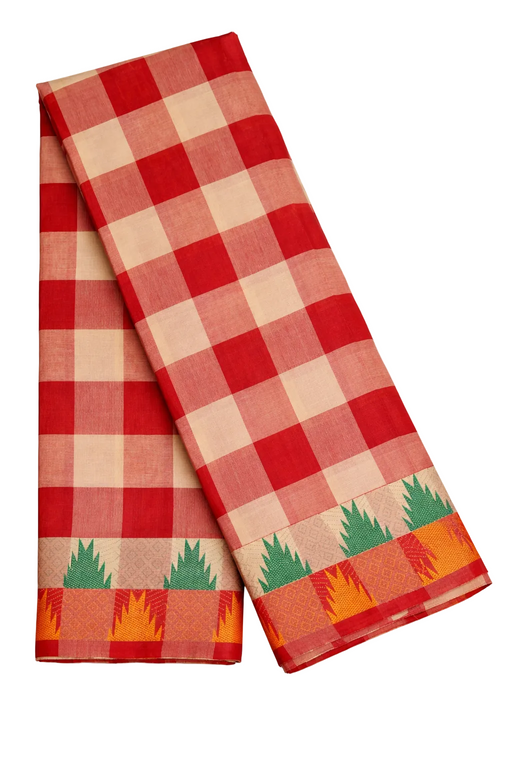 Close-up of a Redsoil Chettinad cotton saree featuring a thick, contrasting orange border