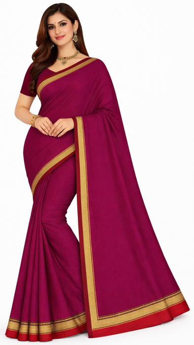Narayanpet Cotton Saree -Majenta With Red Thread Border