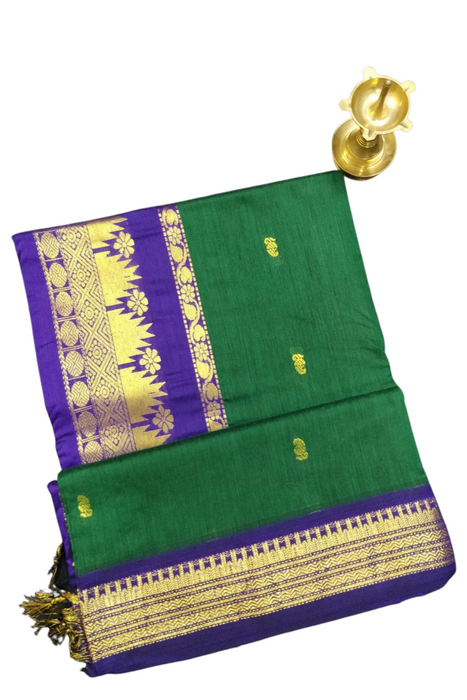 Kalyani Cotton Butta Gold-  Green With Purple
