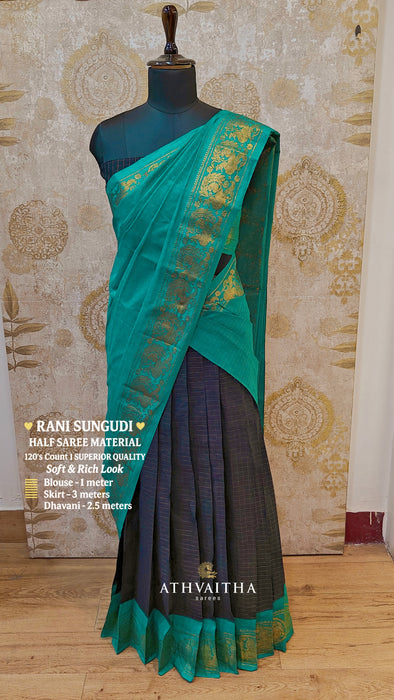 Rani Sungudi Half Saree Material Gold Zari - DarkBlue-RamaGreen