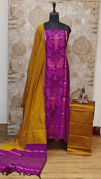 Ikkat Sico Silk Cotton Salwar Material - Magenta With Mustard