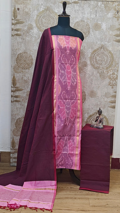 Ikkat Sico Silk Cotton Salwar Material - BabyPink With Maroon