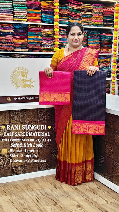 Rani Sungudi Half Saree Material Gold Zari-DarkBlue-Pink