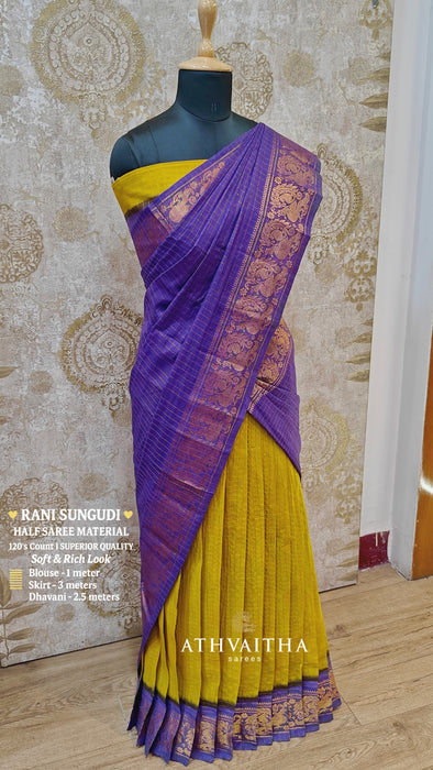 Rani Sungudi Half Saree Material Gold Zari - Mustard-Violet