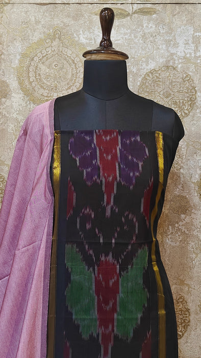 Ikkat Sico Silk Cotton Salwar Material - Black With OnionPink