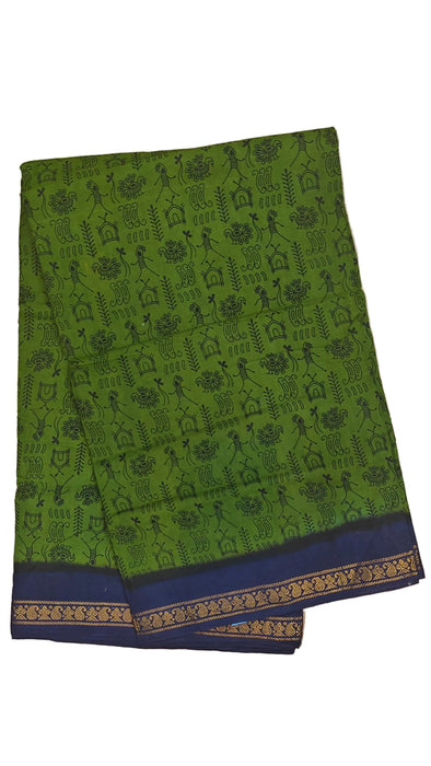 Rani Sungudi Cotton Sarees Double Side Zari Border WarliPrint - OliveGreen-DarkBlue