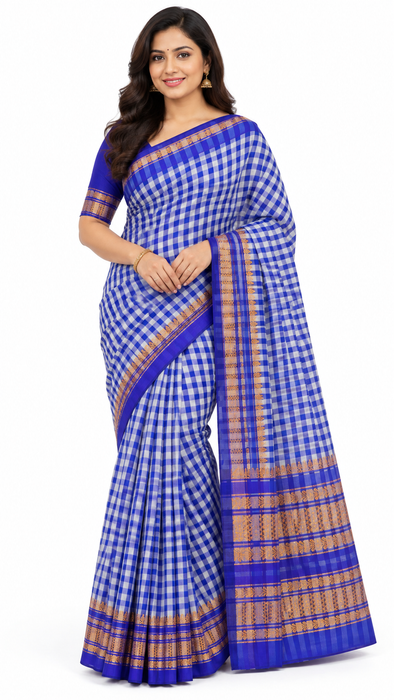Royal Blue & White Checked Ilkal Saree with Zari Border - RoyalBlue With White
