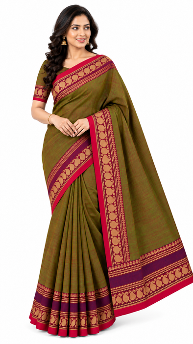 Handloom Chettinad Cotton Saree – O.Green With Magenta Thread Border