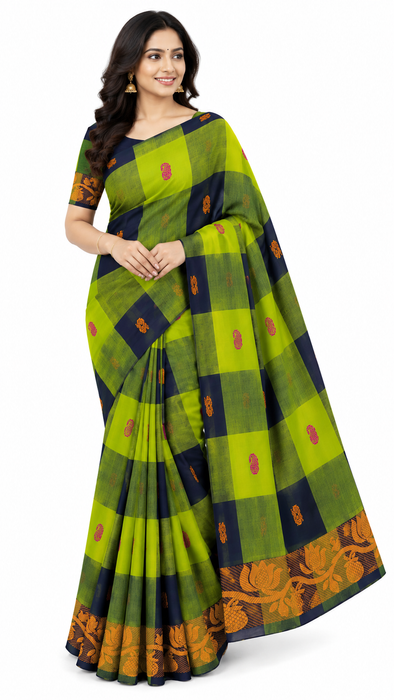 Chettinad Cotton Checked Saree – Green With DarkBlue Thread Border