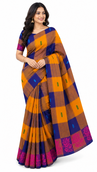 Chettinad Cotton Checked Saree – DarkBlue With Mustard Thread Border