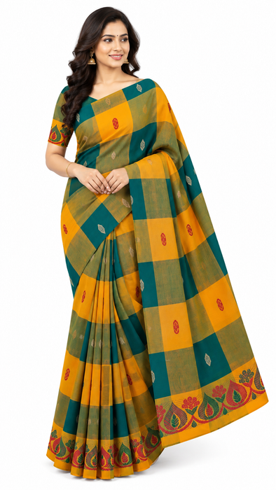 Chettinad Cotton Checked Saree – Ramagreen With Mustard Thread Border