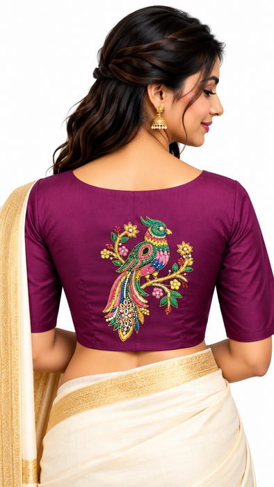 Purple Silk Cotton Readymade Blouse with Peacock