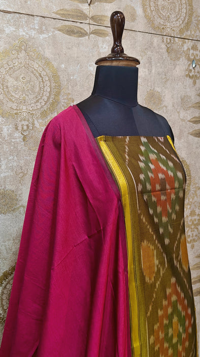 Ikkat Sico Silk Cotton Salwar Material - OliveGreen With DarkPink