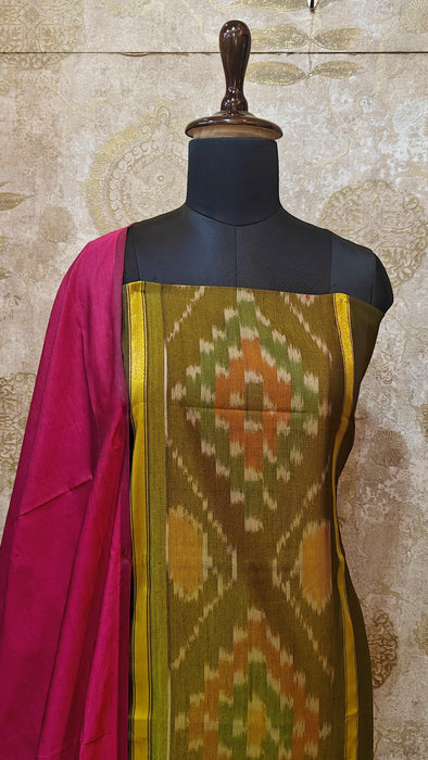 Ikkat Sico Silk Cotton Salwar Material - OliveGreen With DarkPink