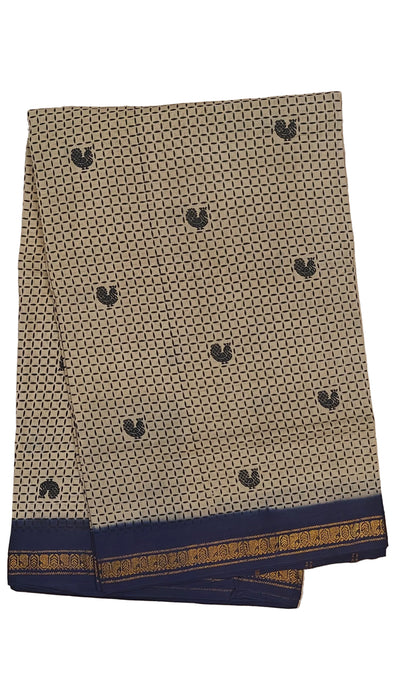 Rani Sungudi Cotton Sarees Double Side Zari Border Small mayil Print-Biscuit-Blue