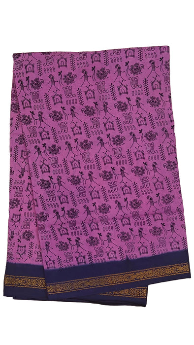 Rani Sungudi Cotton Sarees Double Side Zari Border WarliPrint - Majanta-Blue