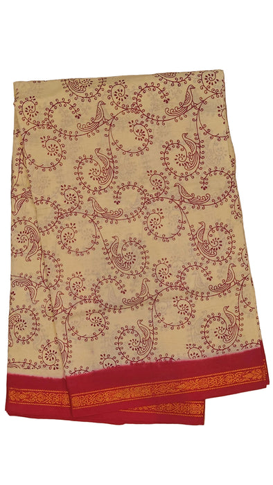 Rani Sungudi Cotton Sarees Double Side Zari Border Parrot Print-Offwhite-Red