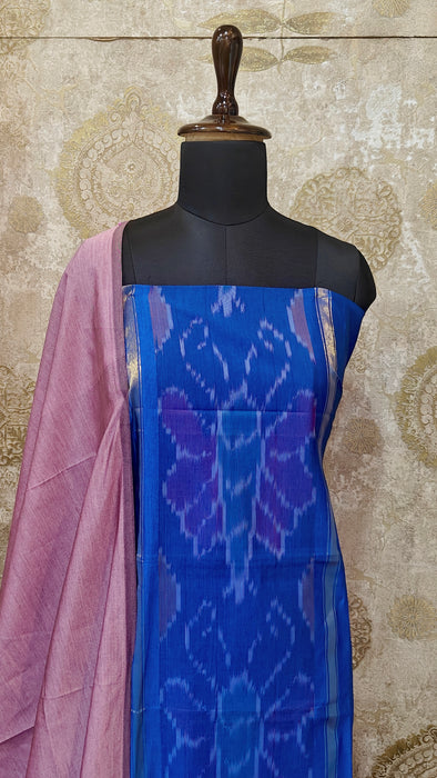 Ikkat Sico Silk Cotton Salwar Material - Blue With OnionPink