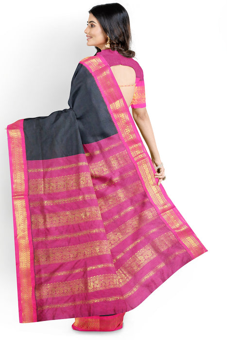 Kalyani Cotton Plain Gold - Black With Pink