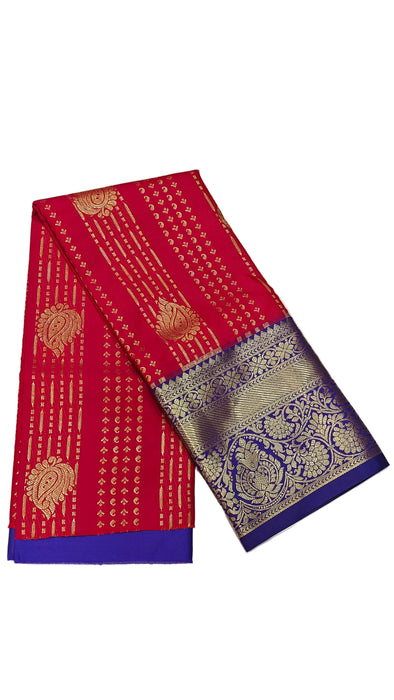 Pattu pavadai sattai Material and Langa blouse for kids and women-Ruby Red with a Royal Blue