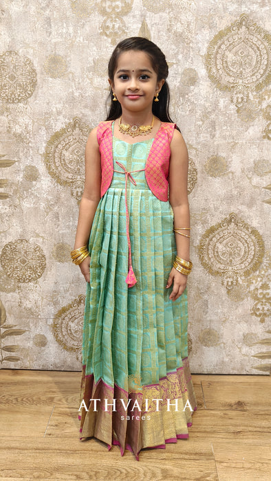 Thara Sea Blue Traditional Kids Maxi Gown With Rani Pink Jacket