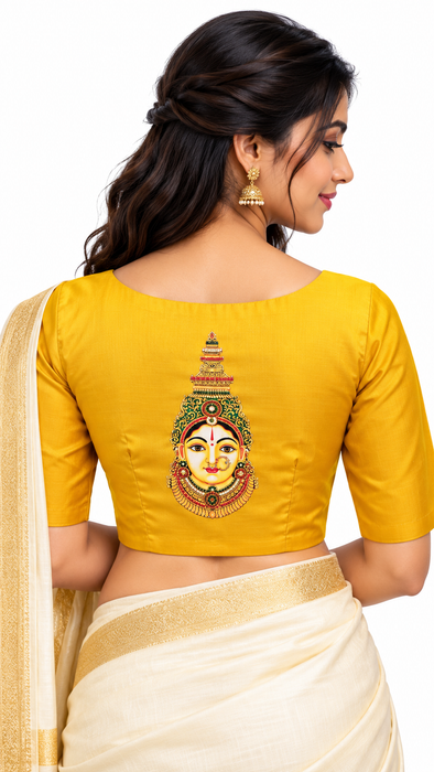 Mustard Yellow Silk Cotton Readymade Blouse with Lakshmi Modif