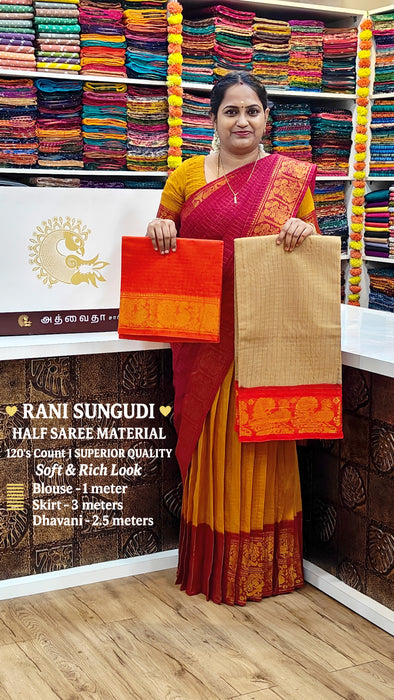 Rani Sungudi Half Saree Material Gold Zari-Biscuit-Red