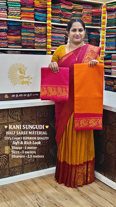 Rani Sungudi Half Saree Material Gold Zari-Orange-Pink