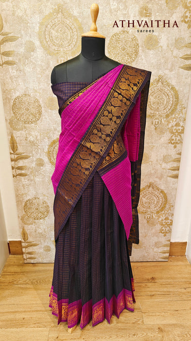 Cotton Half Saree Rani Material-Darkblue-Magenta