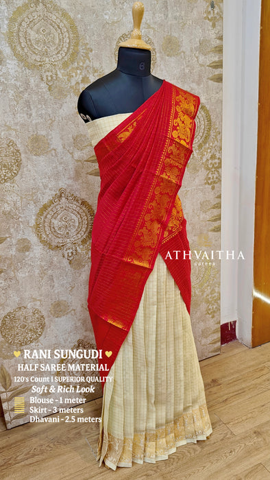 Rani Sungudi Half Saree Material Gold Zari - OffWhite-Red