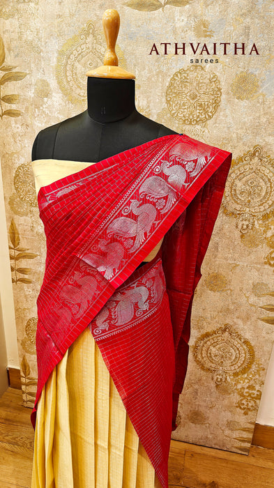 Rani Cotton Silver Half Saree Material-Off white-Maroon