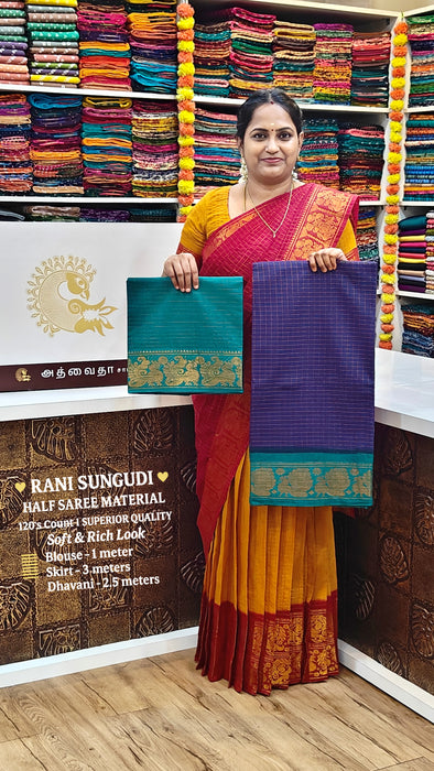 Rani Sungudi Half Saree Material Gold Zari - Violet-RamaGreen