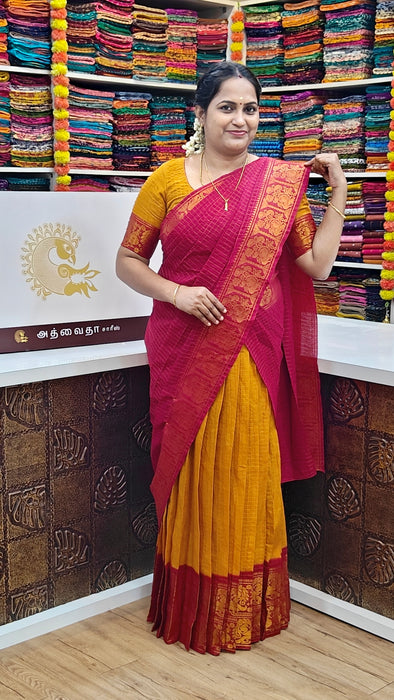 Rani Sungudi Half Saree Material Gold Zari-Mustard-Maroon
