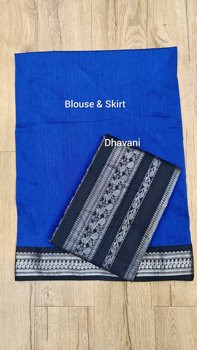 Cotton Half Saree Material - Royal Blue With Black