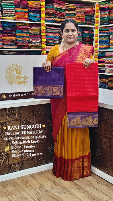 Rani Sungudi Half Saree Material Gold Zari- Red-Violet
